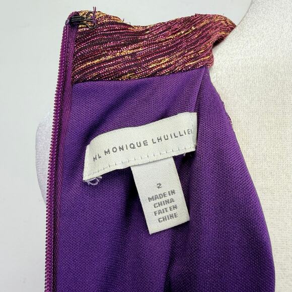 ML Monique Lhuillier Metallic Pleated Halter Midi Cocktail Dress Purple Gold 2 - Picture 4 of 14
